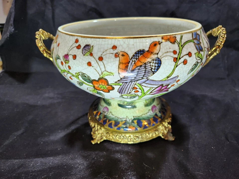 40% OFF!  Asian Pedistal Porcelain Bowl Base Decorated Birds and Flowers - Image 3 of 4