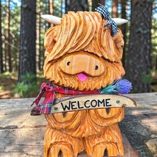Bufanda talla motosierra decoración hogar regalo escocés madera vaca Highland personalizada