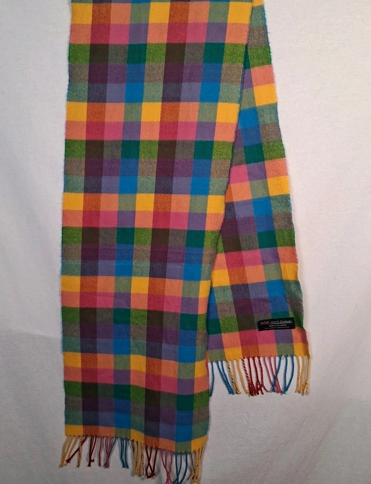 Cashmere Scarf Fringe Pastel Plaid Yellow Pink Blue Green Purple Check Scotland - Image 3 of 4