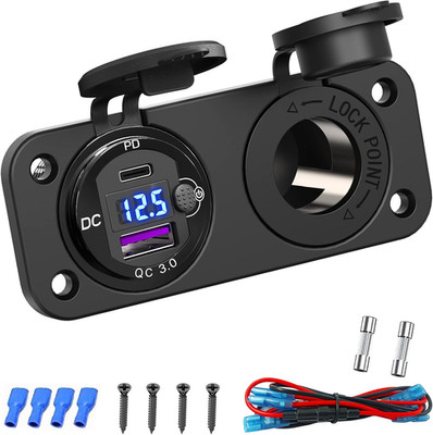 Cigarette Lighter Socket 12 Volt USB Outlet: PD 20W C and QC3.0 Car Port Aluminu