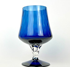 Vintage Cobalt Blue Art Glass Goblet Vase Twisted Clear Knopped Stem 16cm