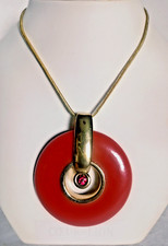 Super vintage statement pendant necklace in red lucite and gold tone