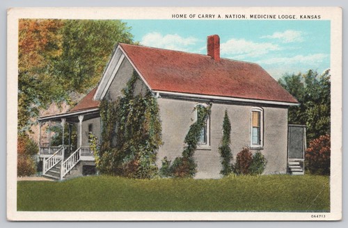 Home Of Carry A. Nation Medicine Lodge Kansas White Border Postcard