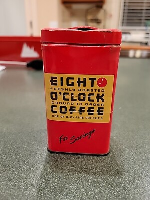Rare VINTAGE KITCHEN 4'' HIGH EIGHT O'CLOCK COFFEE TIN COIN SAVINGS BANK