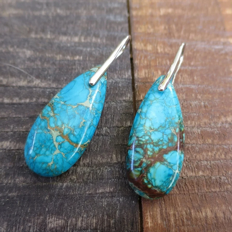 Natural Turquoise Teardrop Stone Earrings Blue Gemstone Dangle Drop Earrings - Image 3 of 4