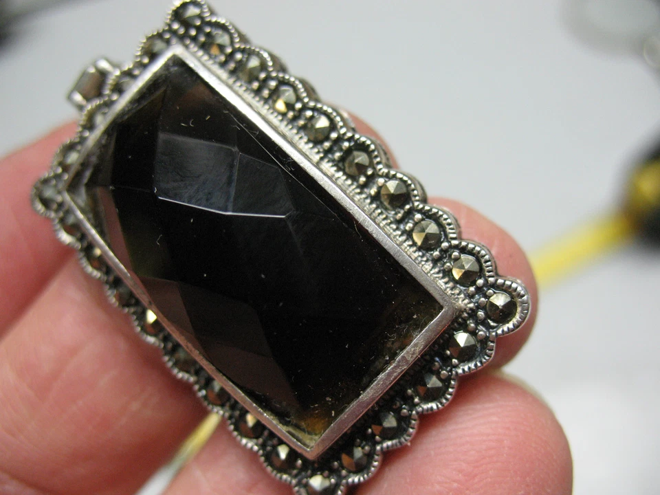 SMOKED  AMBER  STERLING  PENDANT  925 w/ CUT  STEEL FACETS  LOVELY !  - Image 2 of 3