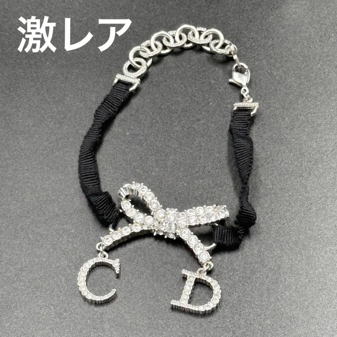 Raro Bracciale Christian Dior Nastro Strass Logo CD Catena Argento Nero