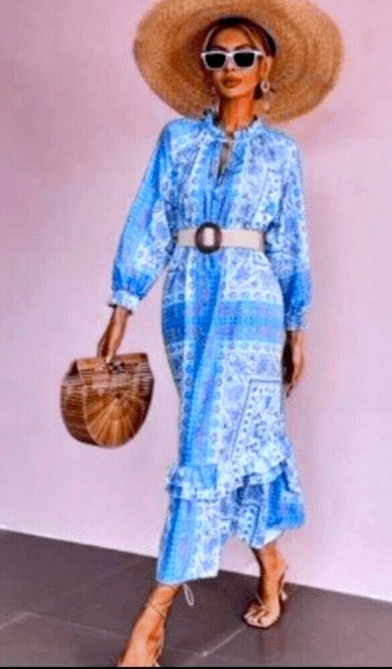 ZARA Dress Small Blue & Purple Cotton Serena Tiered Tassel Printed Midaxi - Image 4 of 4