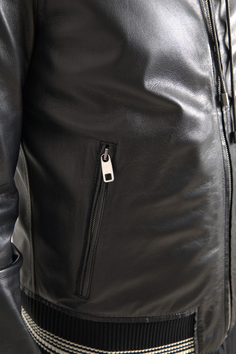 DOLCE & GABBANA Jacket Black Leather Full Zip Hooded Men DOLCE & GABBANA Jacket Black Leather Full Zip Hooded Men