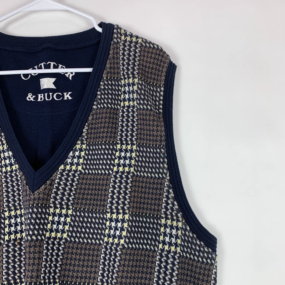 Cutter & Buck Cotton Blue Brown Yellow V-Neck Sweater Vest Mens XL - Image 3 of 4