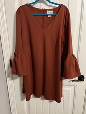 #1798. Star Style V-Neck 3/4 Ruffle/Bell Sleeve Cinnamon Dress. Size 2X