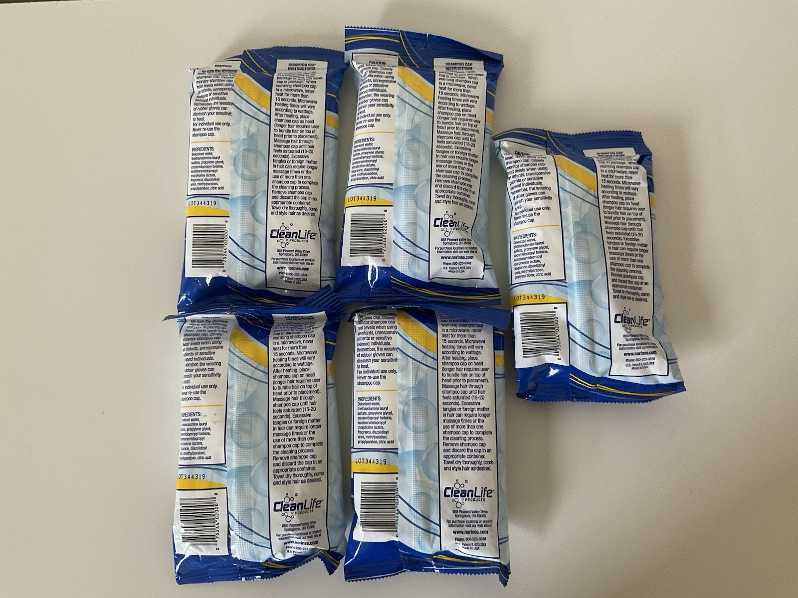Clean Life No Rinse Shampoo & Conditioner Cap NEW Lot of  5 Latex & Alcohol Free