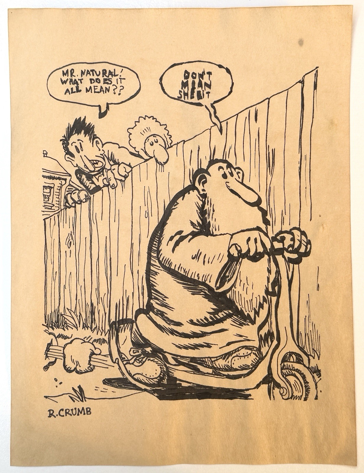 Robert Crumb (Handmade) Drawing On old Paper Signed & Stamped Mixed Media