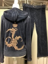 Juicy Couture Velour Navy Zip Up Hoodie M Straight Leg Low Rise Pants 34 x 32 S