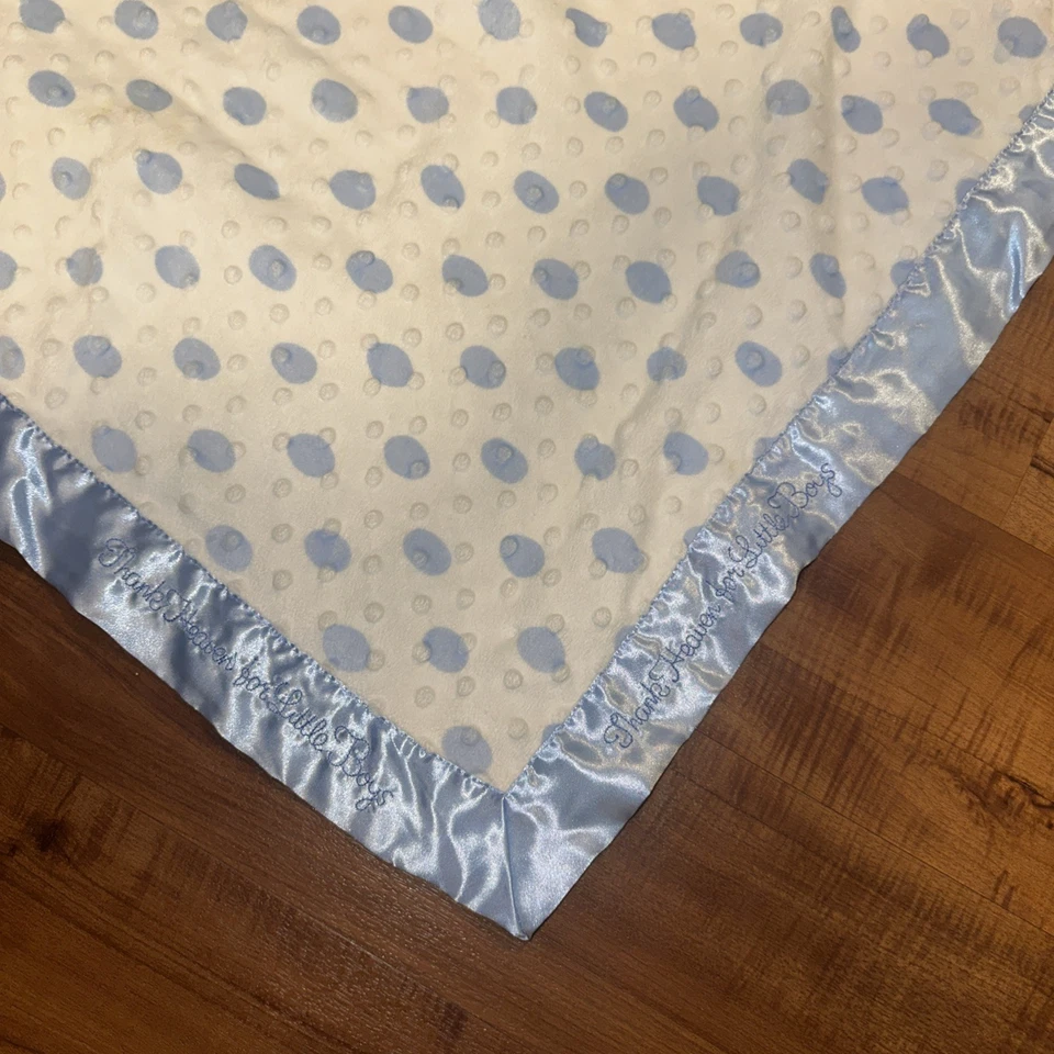 Thank Heaven for Little Boys Blue Minky Dots baby blanket satin trim - Image 3 of 4