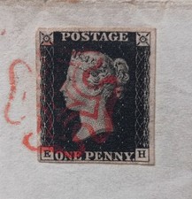 Queen Victoria GB Penny Black SG.1 Pl.7 On Letter Used Red MX 4 Large Marg. VF