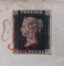 Queen Victoria GB Penny Black SG.1 Pl.7 On Letter Used Red MX 4 Large Marg. VF