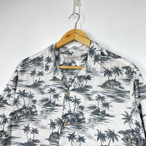 All Saints Shirt Mens S White Green Hawaiian Palm Island Print Summer Marooned - Picture 2 of 9