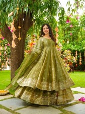 Beautiful Heavy Crunchy Silk Gown Bottom With Mehendi Green Dupatta For Party