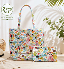 Beach Tote Bag Large 2PC Set Canvas Floral w/Zipper Pouch Handmade Gift