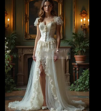 Vintage Short Sleeves Wedding Dresses with Side Split Lace Appliques Bridal Gown