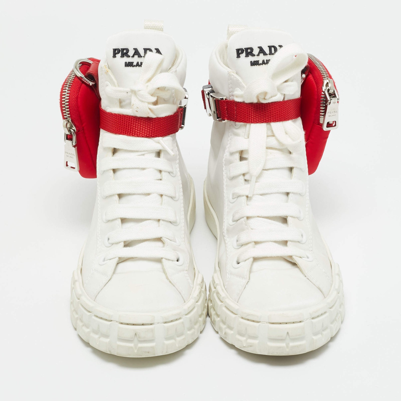 Prada White Nylon Triangle Pouch Pocket High Top Sneakers Size 37 thumbnail 3