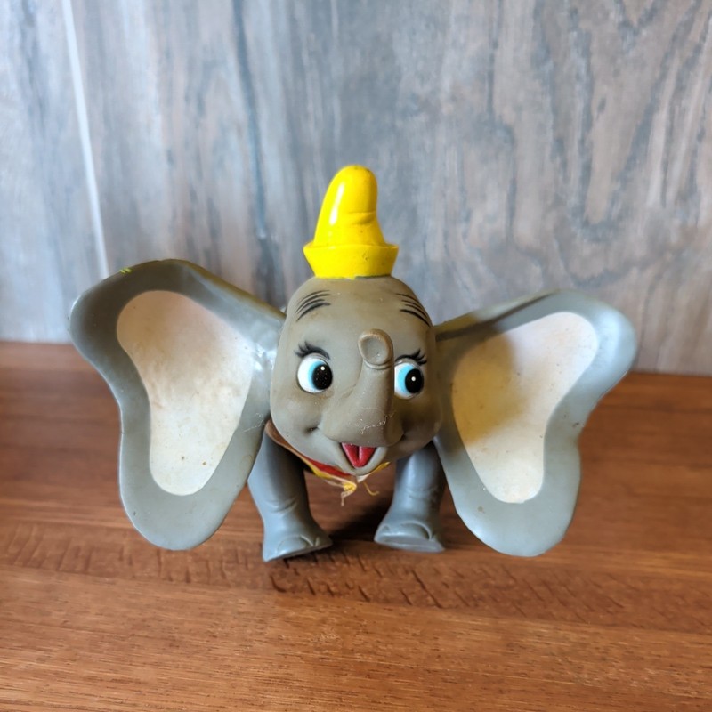 Walt Disney Productions DUMBO, Gray VINTAGE HONG KONG Plastic Toy with collar