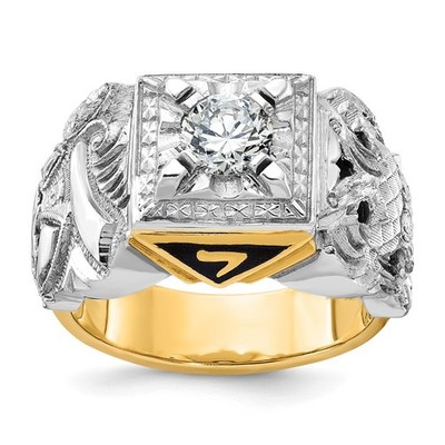 14k Two-tone Men Textured Black Enamel & Diamond Double Eagle Masonic Ring Sz 10