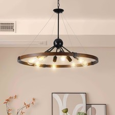 32" Farmhouse Wood Pendant Light Modern Black Hanging Lamp Chandelier Fixture UL
