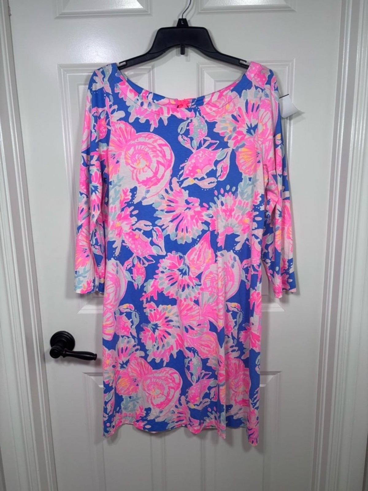 Lilly Pulitzer Noelle Bay Dreamin 3/4  Sleeve Pink Blue Sheath Dress Women’s L