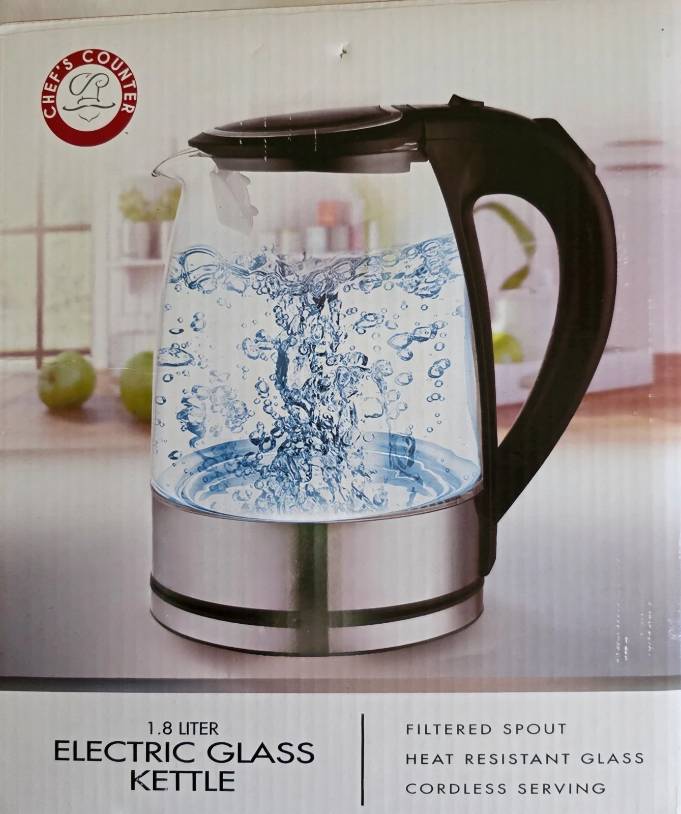 Chef's Counter- Silver 1.8 Liter Electric Glass Kettle- New In Box