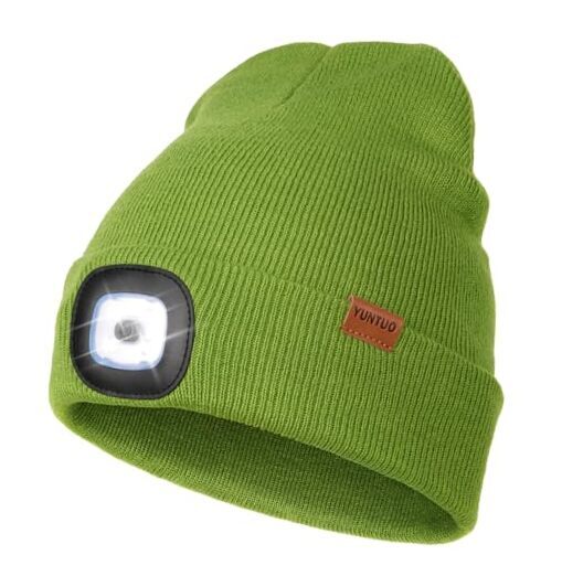LED Beanie with Light in Avocado Green, USB Rechargeable Unisex Headlamp