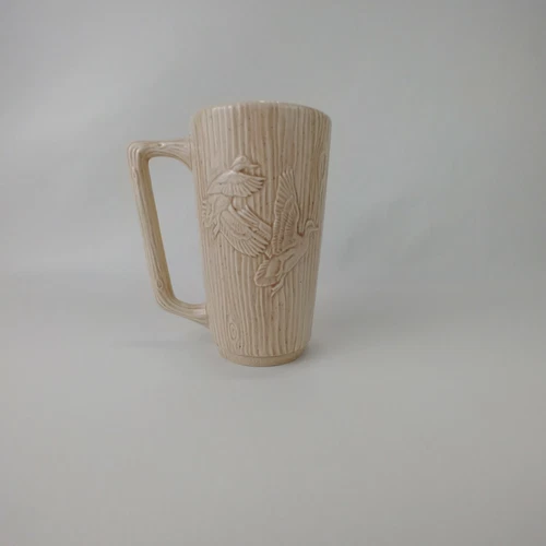 Vintage Handmade Pottery Ceramic Flying Ducks Wood Grain Coffee Tea Mug Signed
