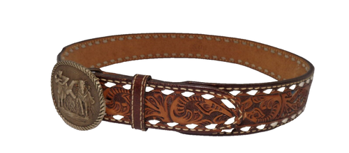 Vtg Tooled Western Belt with Award Medals Brass Buckle Customized SUE Women's L - Picture 3 of 13