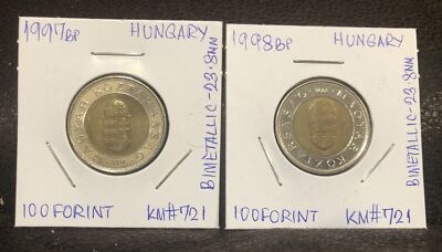 1997,1998  HUNGARY 100 FORINT SET OF 2 BIMETALLIC COINS-23.8MM-KM#721