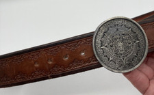1974 Aztec Mayan Calender Belt Buckle  Brown Tooled Belt Sz 33"to 36"