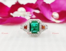 3 Stone Halo Sterling Silver May Birthstone Classic Gem Stone Engagement Ring,