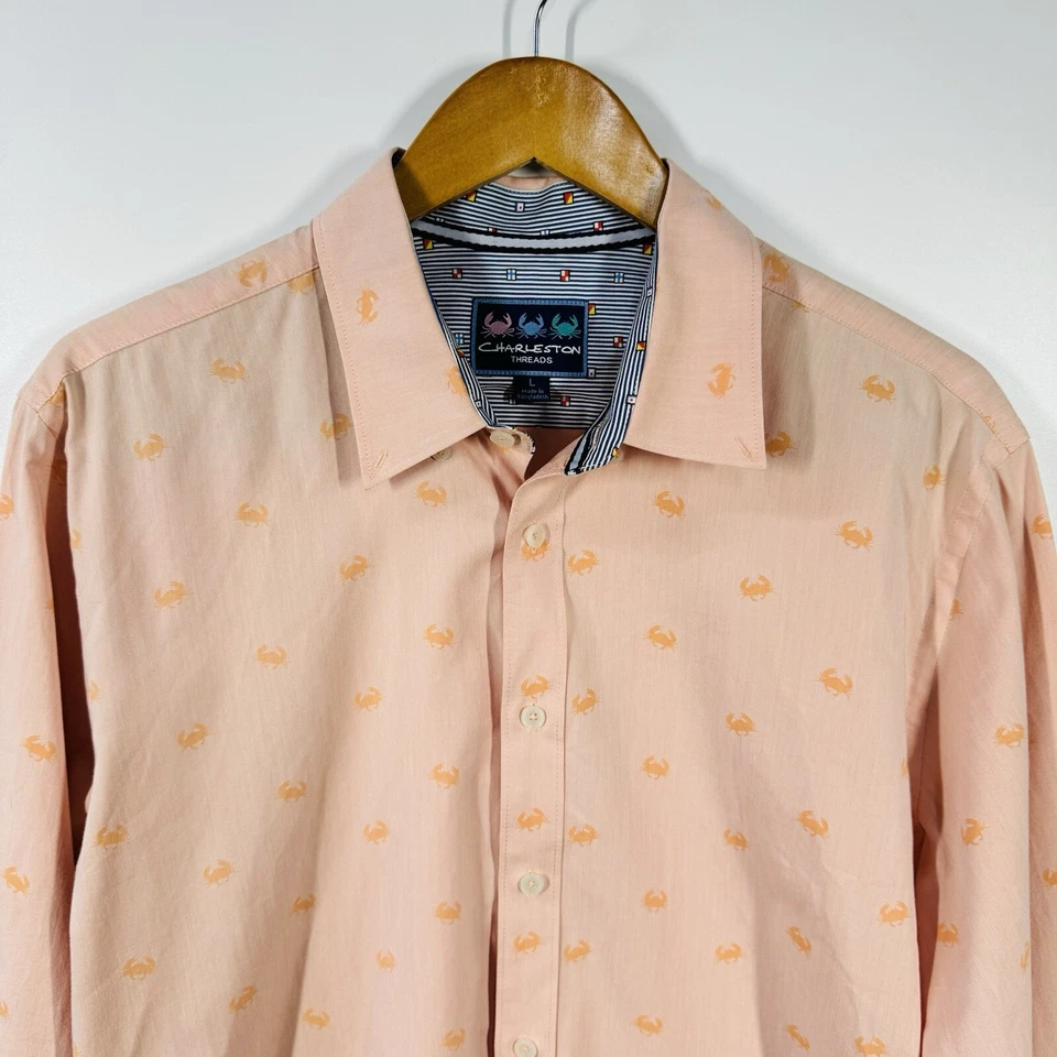 Charleston Threads Men's Dress Shirt Large Orange Animal Print Long Sleeve - Image 2 of 4