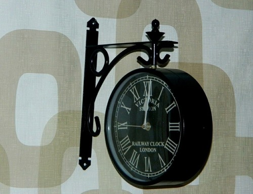 Double Side Hanging Metal Railway Station Vintage Platform 10" Wall Clock - Picture 3 of 8