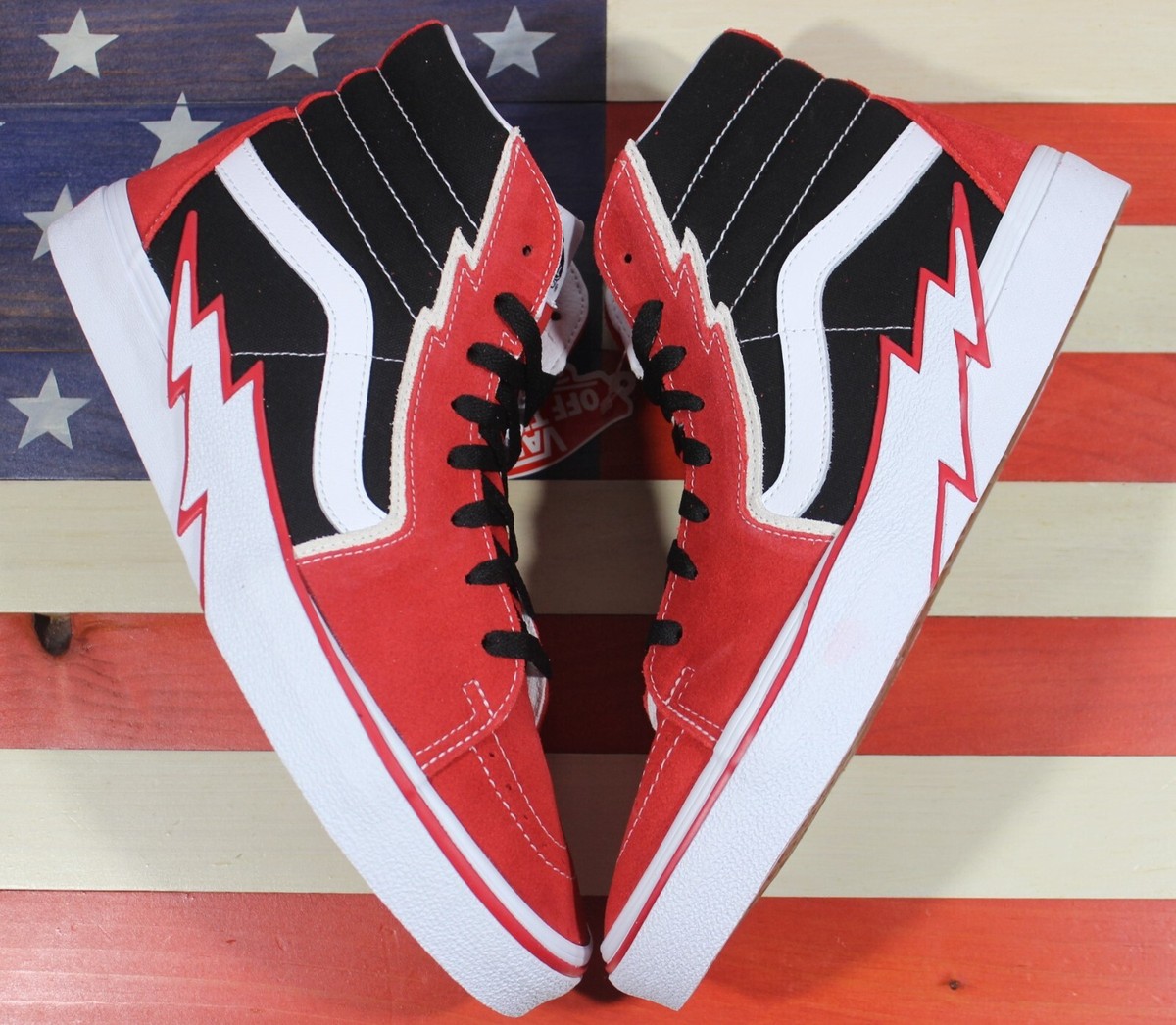Vans Sk8-Hi (Bolt) Racing-Red/Black/White Checker Suede Skate Shoe 