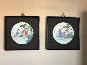Antiques porcelain plaques, Famille Rose hand painted Chinese Asian