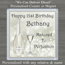 Personalised Prosecco Bling Coaster or Magnet 18th 21st Any Age Birthday Gift