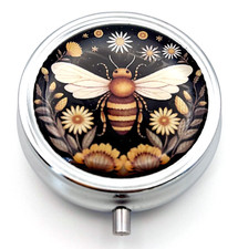Black Gold Boho Night Botanical Floral Bee Daisies Purse Decorative Pill Box New