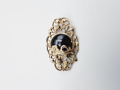 Gold tone  dome black bead flower scroll  brooch pin 2''