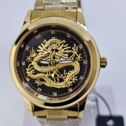 Men's 40MM Watch Golden Dragon Black Dial Gold Bracelet Band Luminous Wristwatch