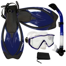 Panoramic Tri-view Silicone Mask Dry Snorkel Fins Flipper Snorkeling Gear Set