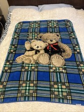 Vintage Blue Baby Blanket With Teddy Bear