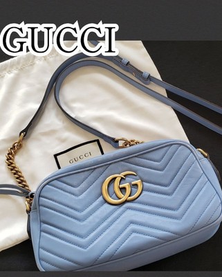 GUCCI GG Marmont Quilted Small Shoulder Bag Blue B24 H14cm Dust Bag Included