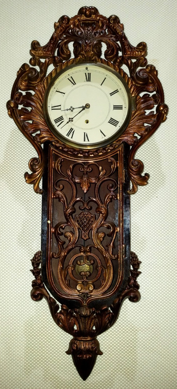 Antique New Haven Ornate Wall Clock Heavy Iron Metal Front 8-Day Timepiece