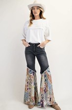 70  s Womens Mid Rise Jeans Patchwork Bell Bottom Pants Washed Denim Size S New